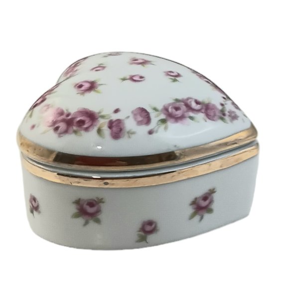 Lefton Heart Shaped Trinket Box Pink Flowers Gold Trim Jewlery Box - Picture 7 of 10
